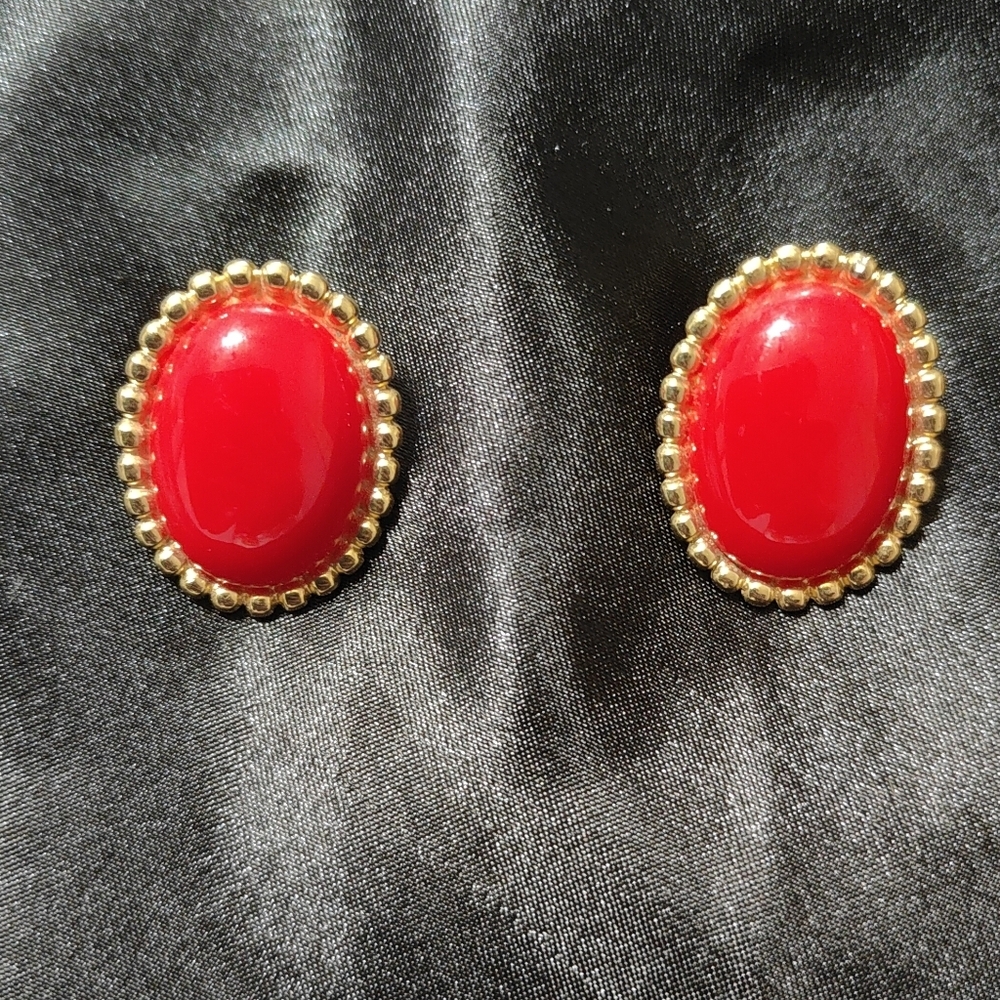 Monet Red Clip On Earrings - Picture 2 of 5